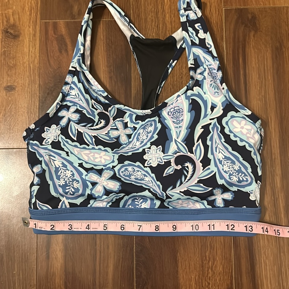 Blue Floral Sports Bra Mesh Back Medium Full Coverage Workout Bra w Inserts - Picture 6 of 9